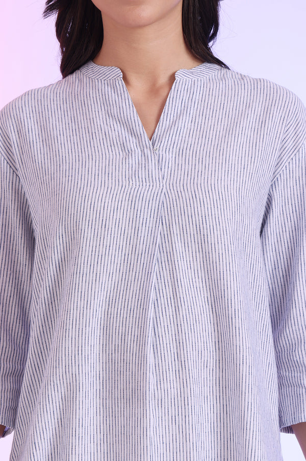 Blue Yarn Dyed Straight Cotton Blend Kurti