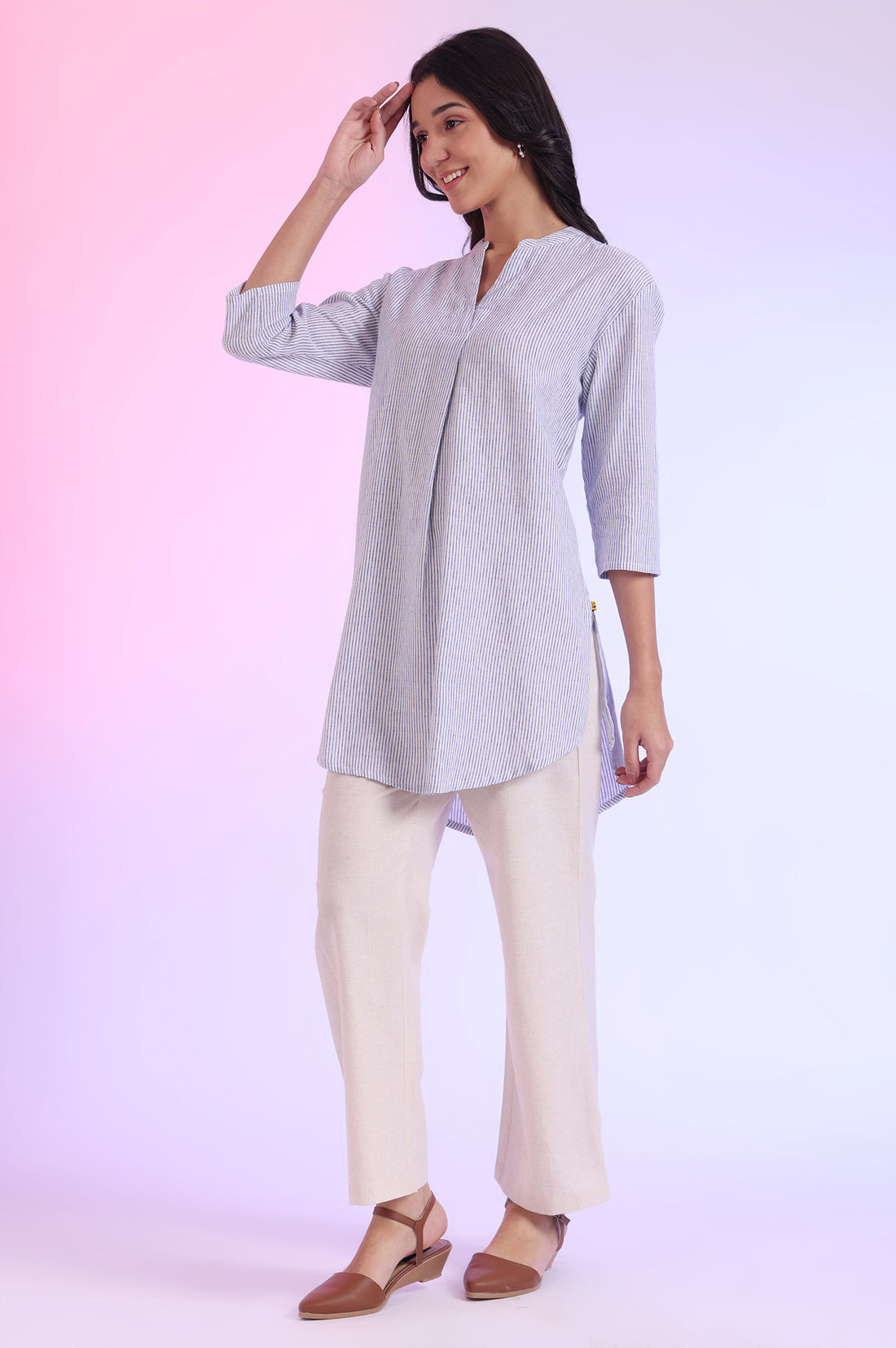 Blue Yarn Dyed Straight Cotton Blend Kurti