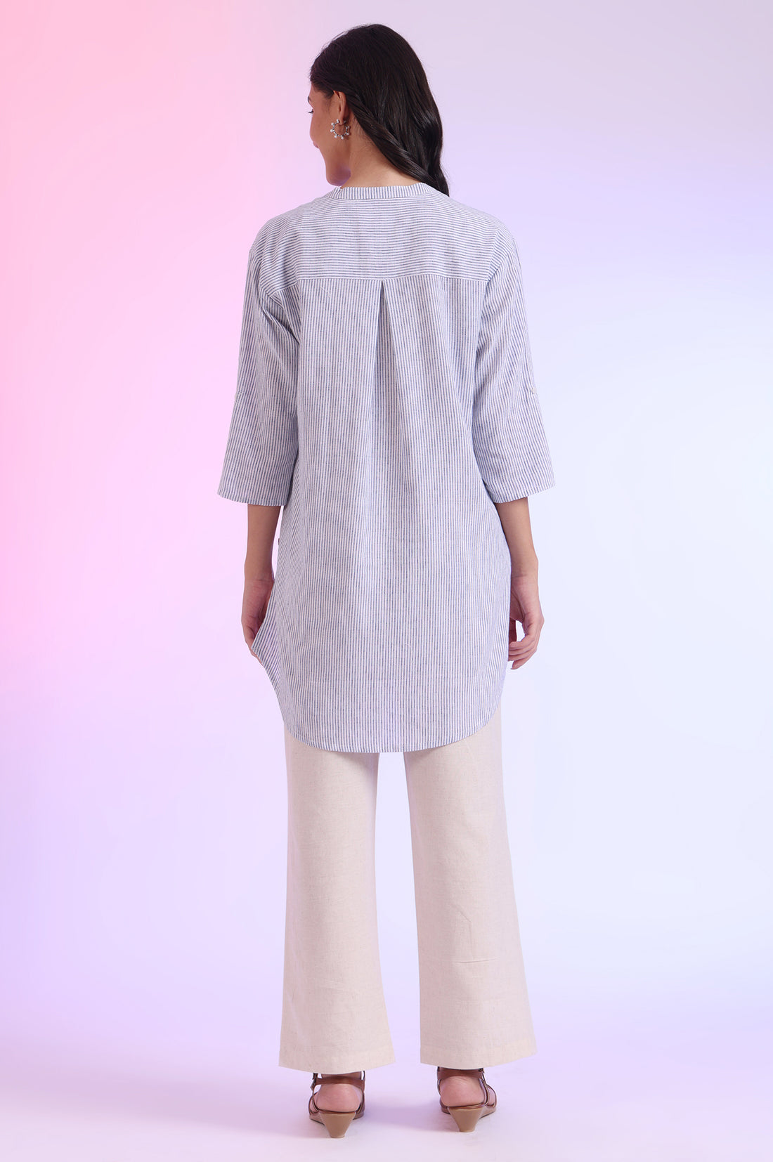 Blue Yarn Dyed Straight Cotton Blend Kurti