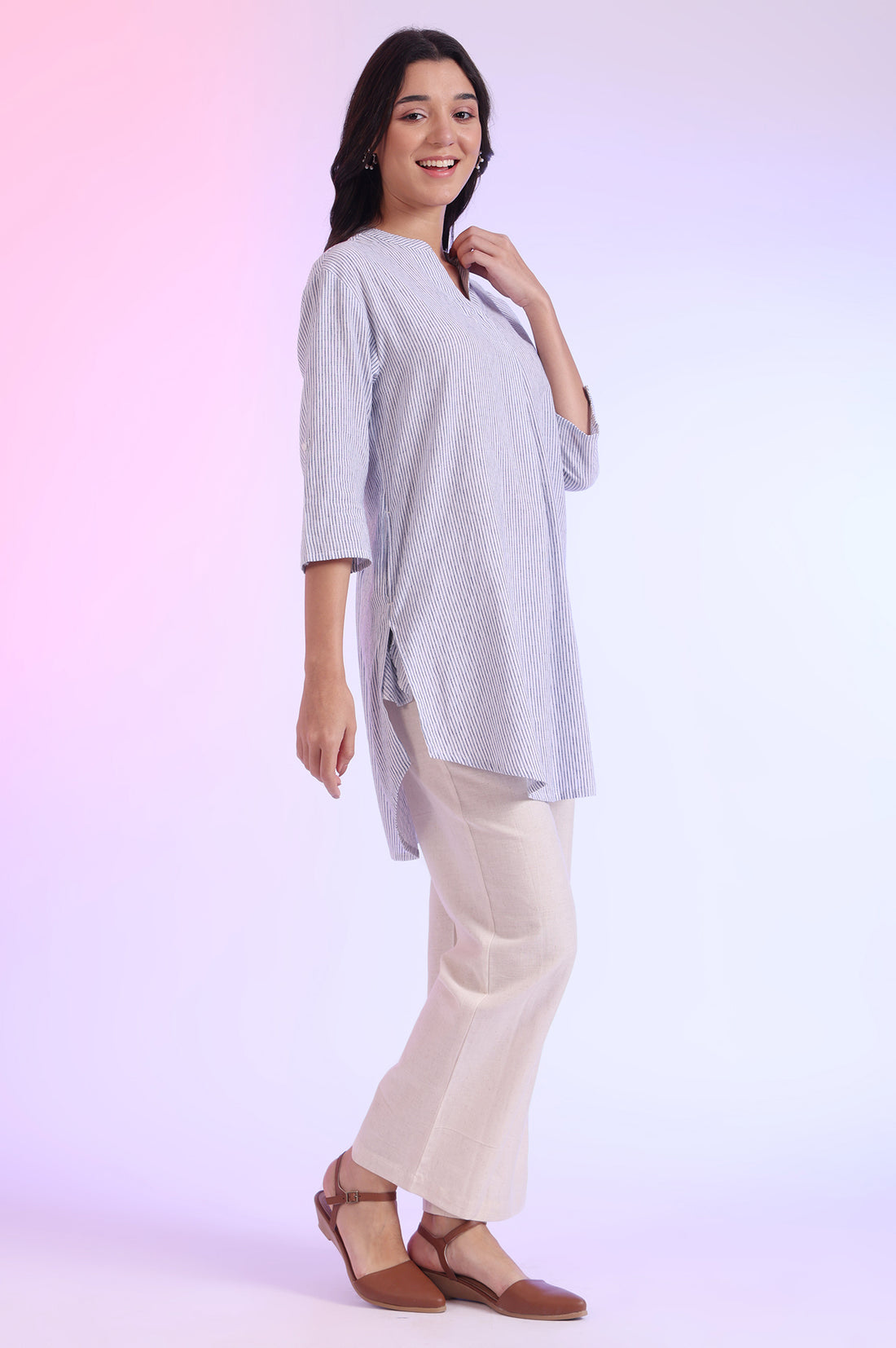 Blue Yarn Dyed Straight Cotton Blend Kurti