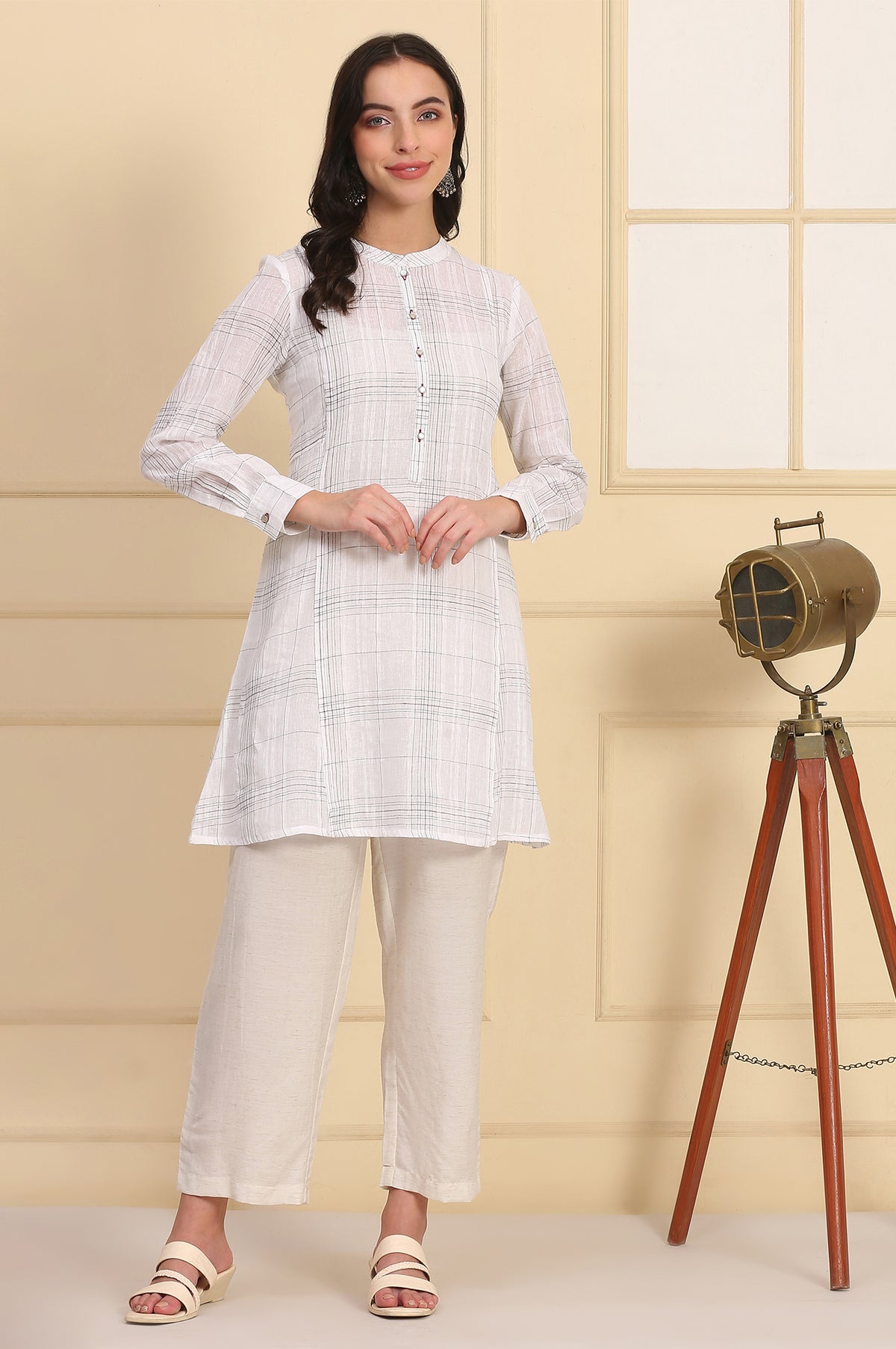 White Checkered Cotton Linen Blend Kurti - XS