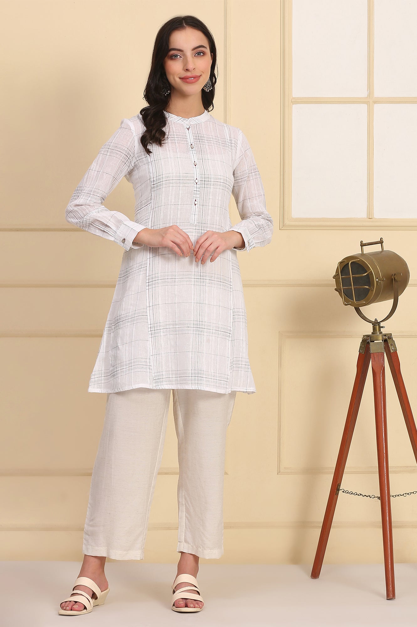 White Checkered Cotton Linen Blend Kurti