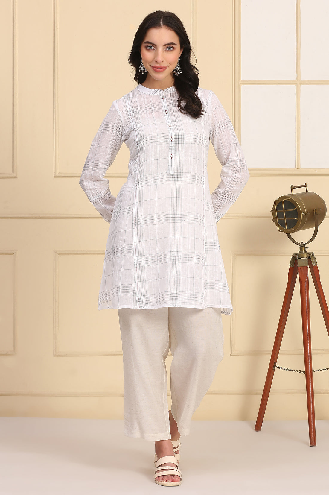 White Checkered Cotton Linen Blend Kurti