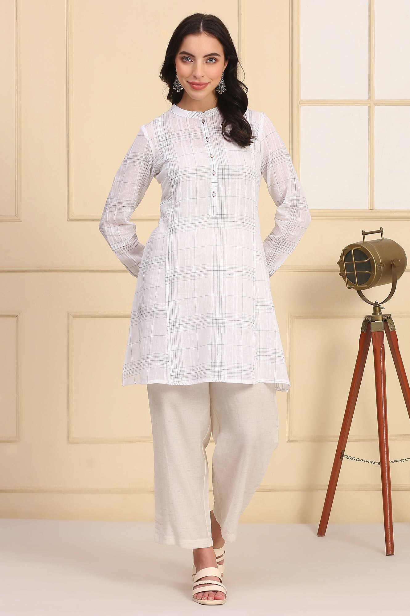 White Checkered Cotton Linen Blend Kurti