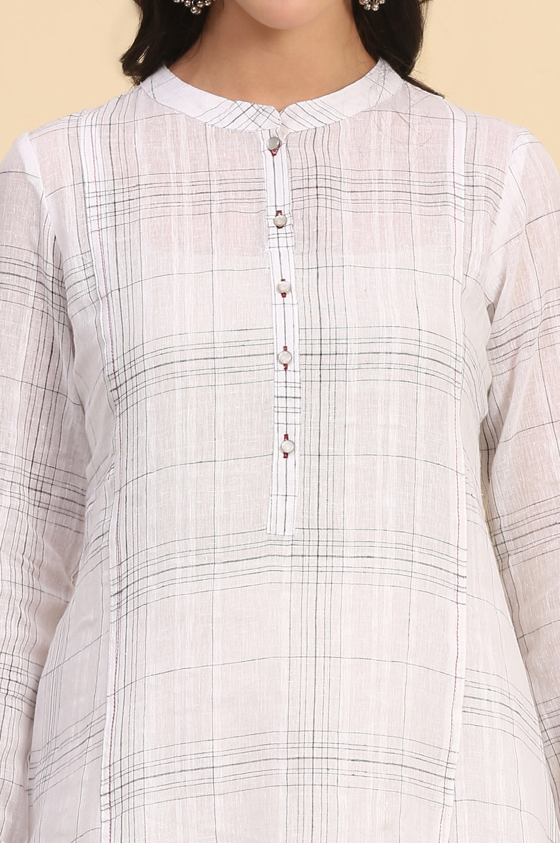 White Checkered Cotton Linen Blend Kurti