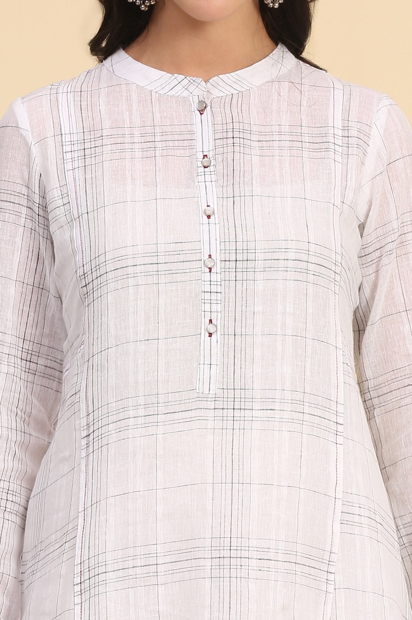 White Checkered Cotton Linen Blend Kurti