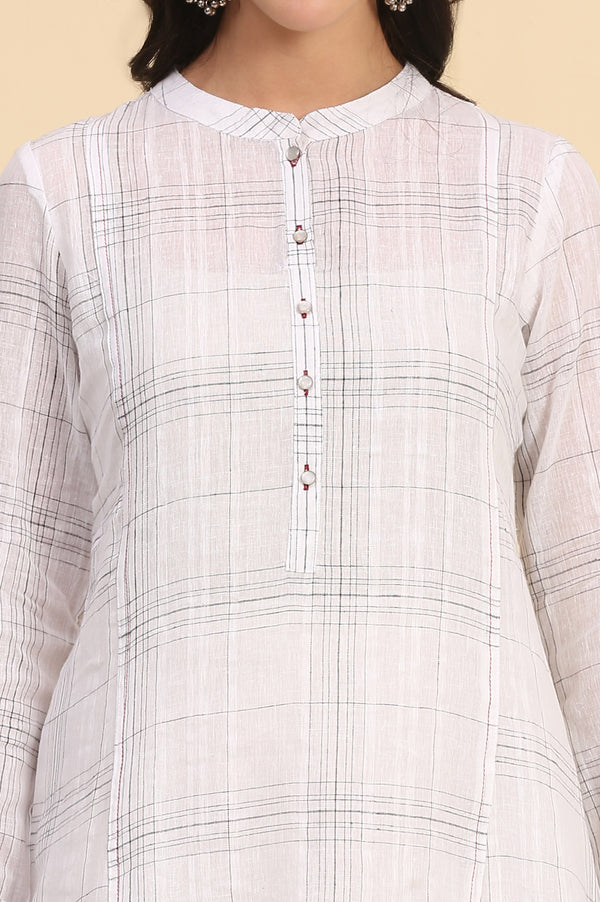 White Checkered Cotton Linen Blend Kurti