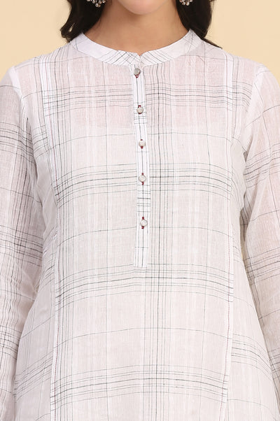 White Checkered Cotton Linen Blend Kurti