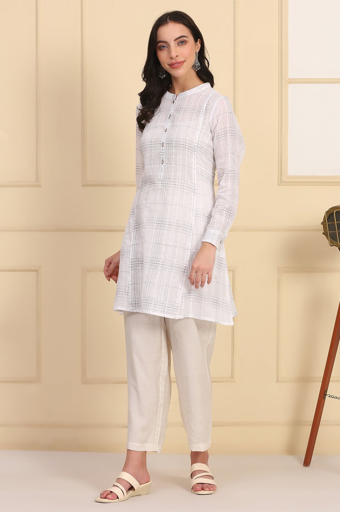 White Checkered Cotton Linen Blend Kurti