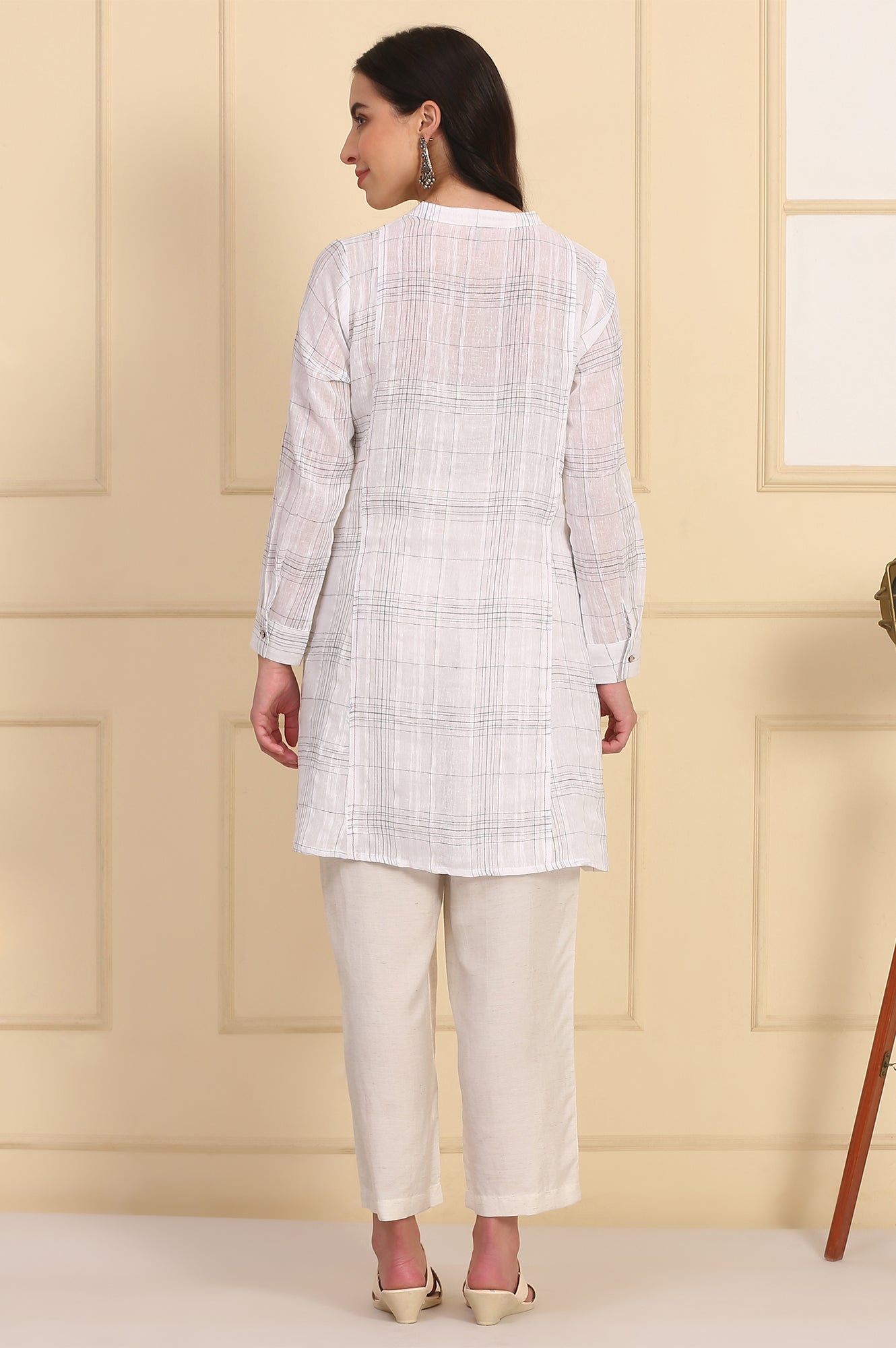 White Checkered Cotton Linen Blend Kurti