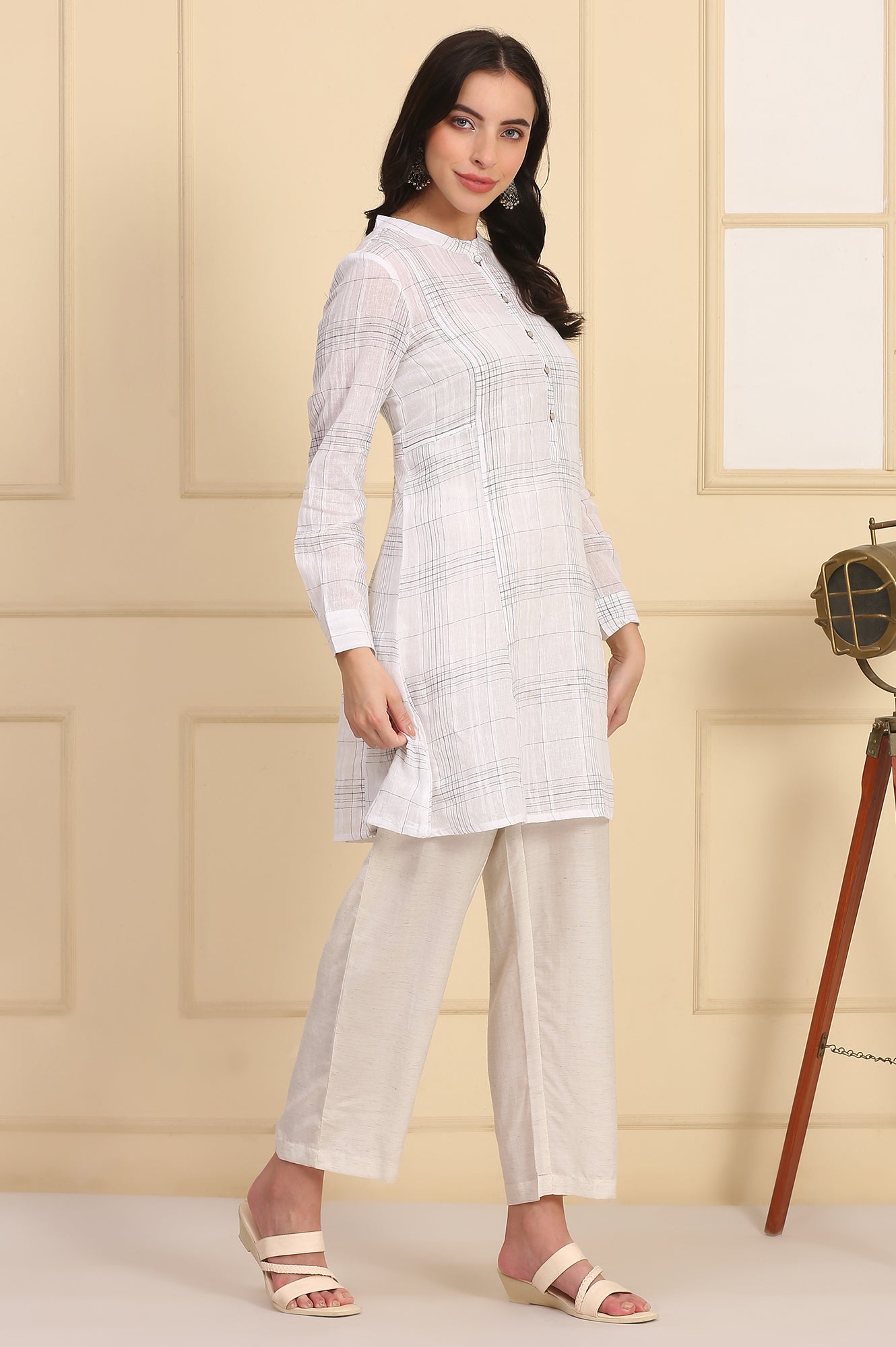 White Checkered Cotton Linen Blend Kurti