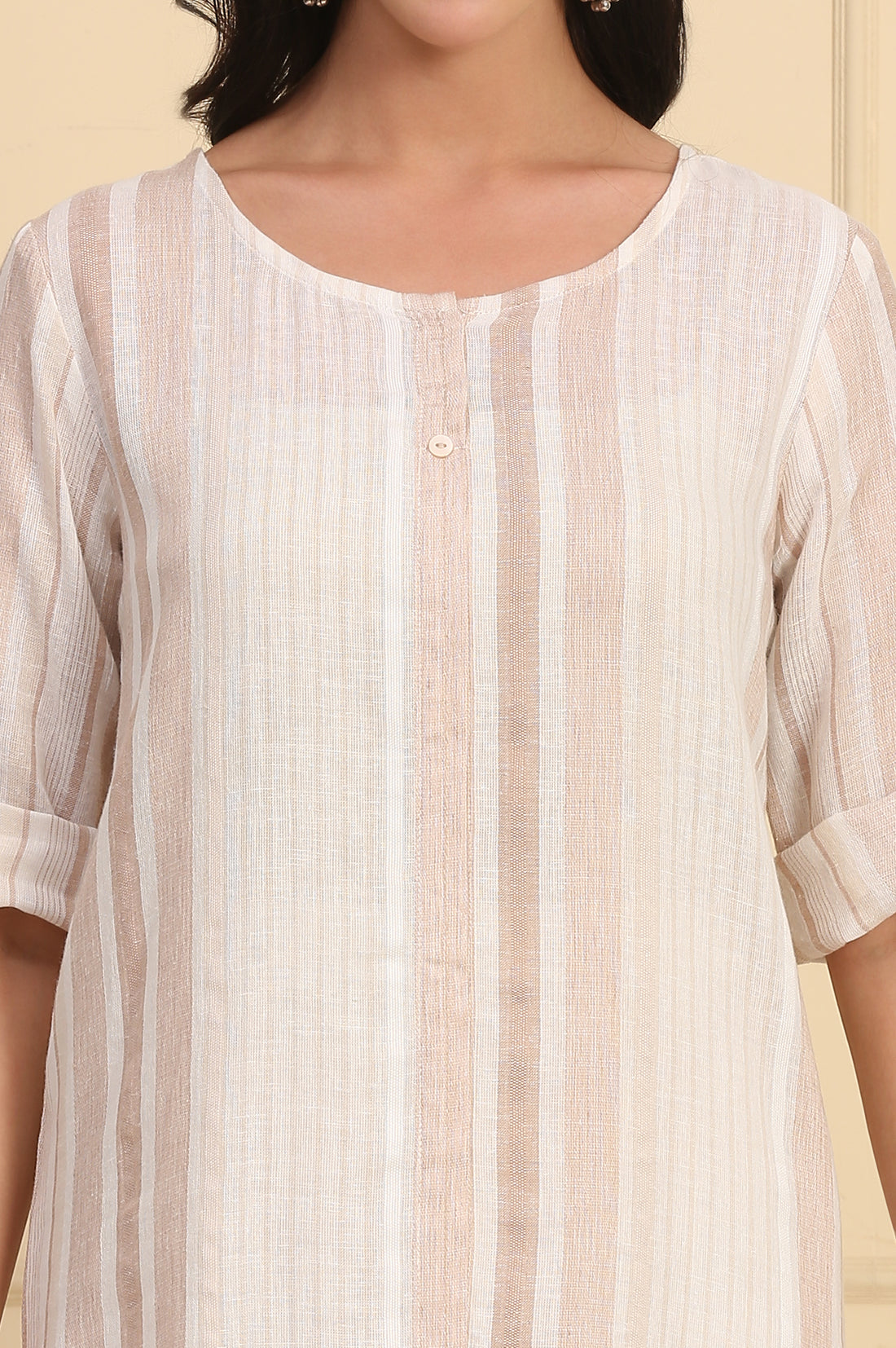 Beige Striped Yarn Dyed Straight Dobby Kurta