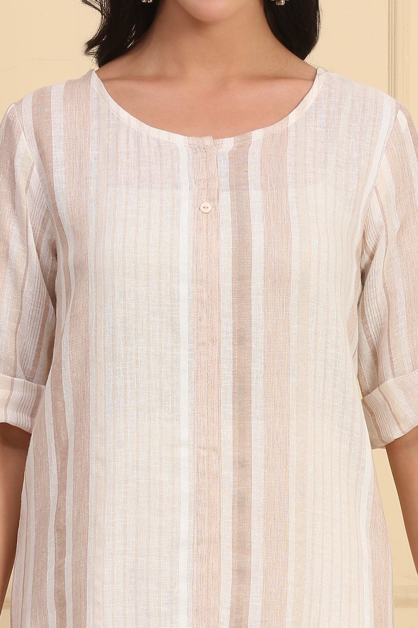Beige Striped Yarn Dyed Straight Dobby Kurta