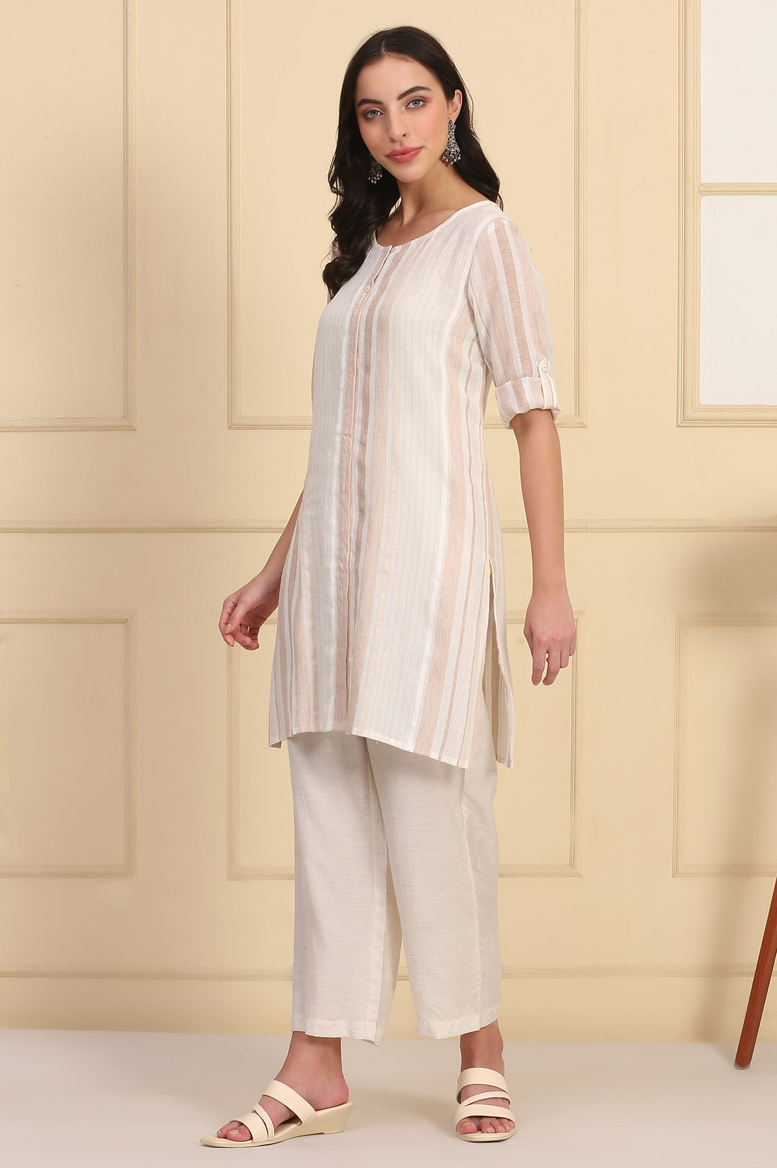 Beige Striped Yarn Dyed Straight Dobby Kurta
