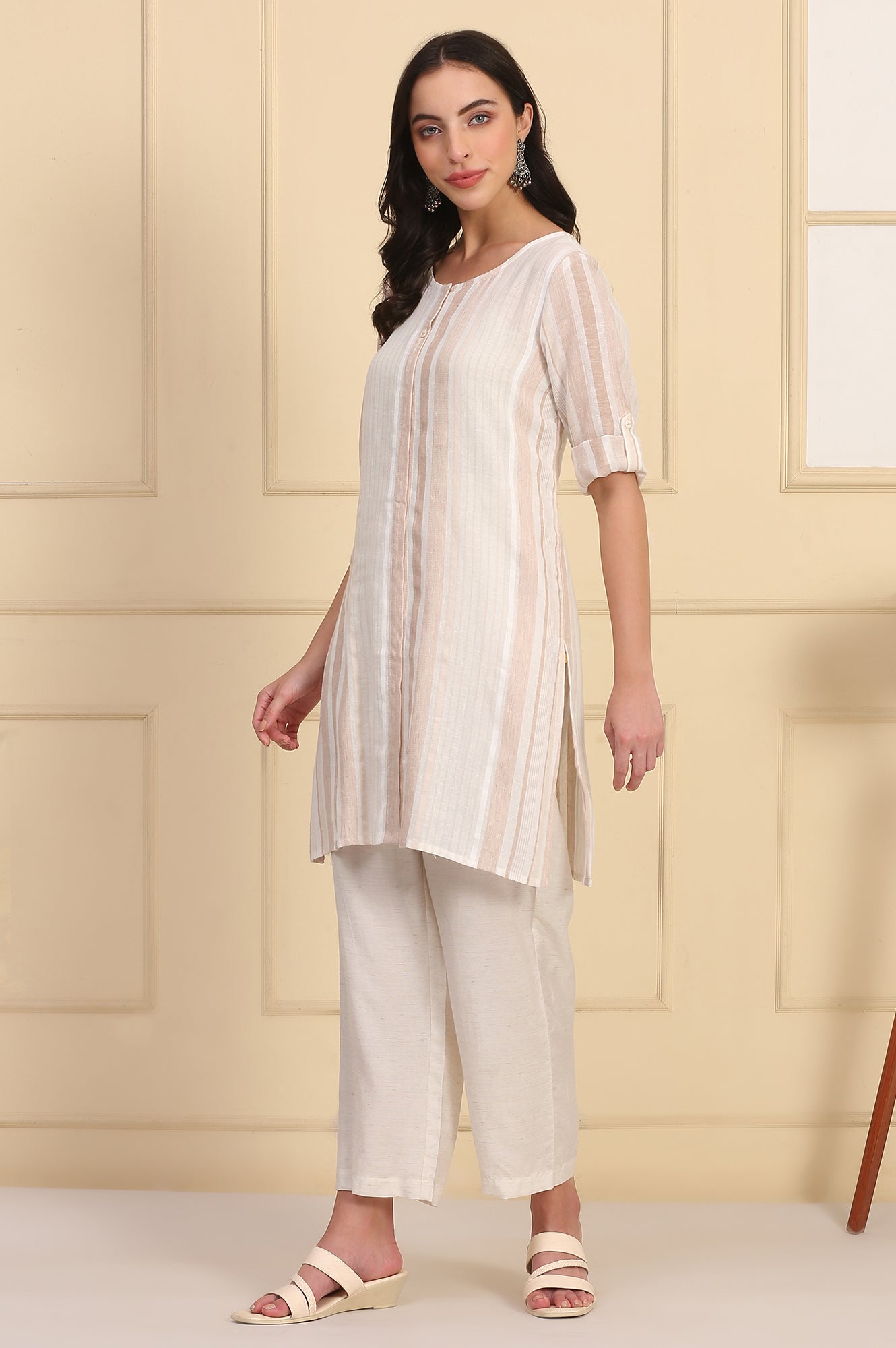 Beige Striped Yarn Dyed Straight Dobby Kurta