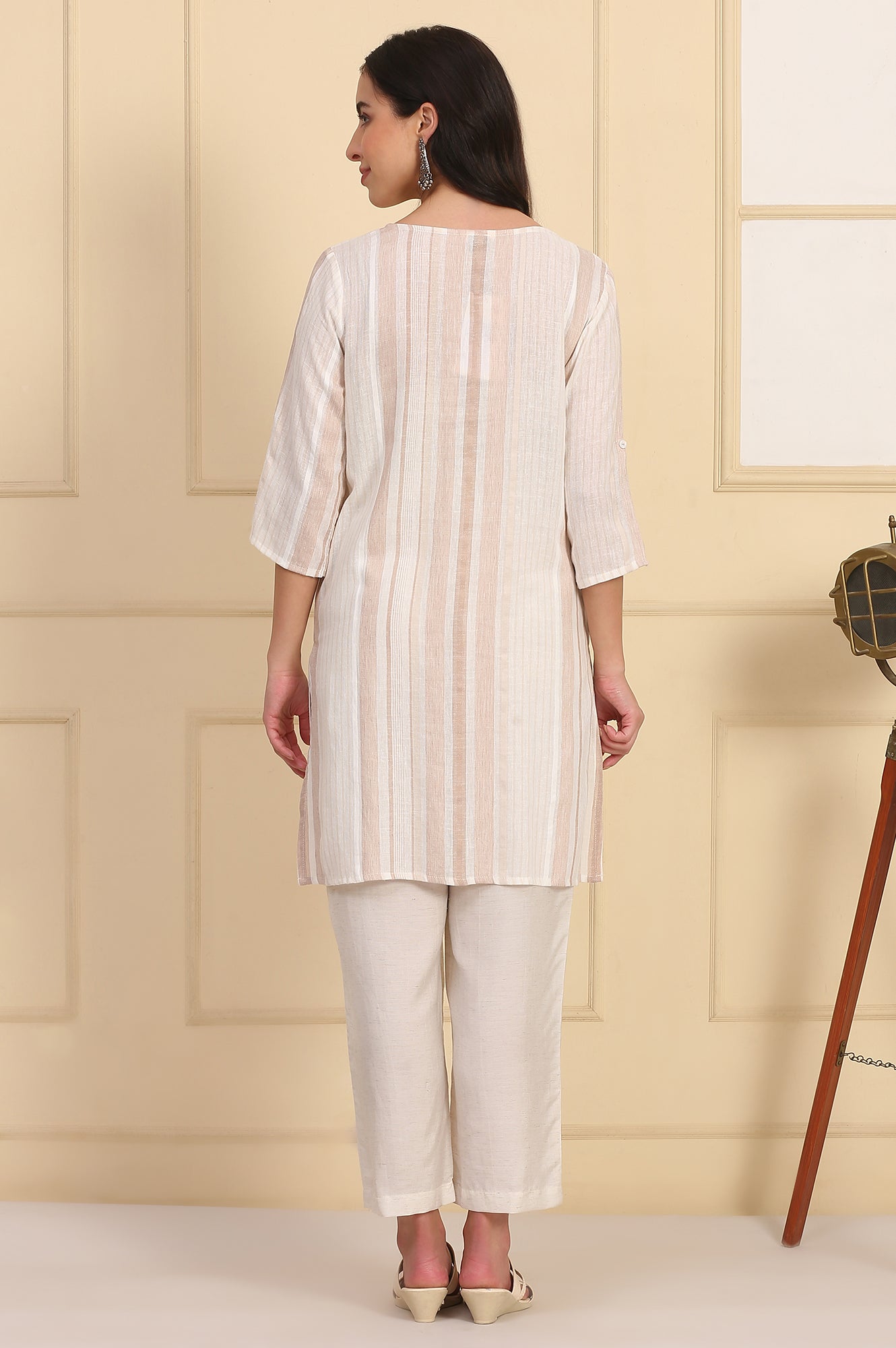 Beige Striped Yarn Dyed Straight Dobby Kurta