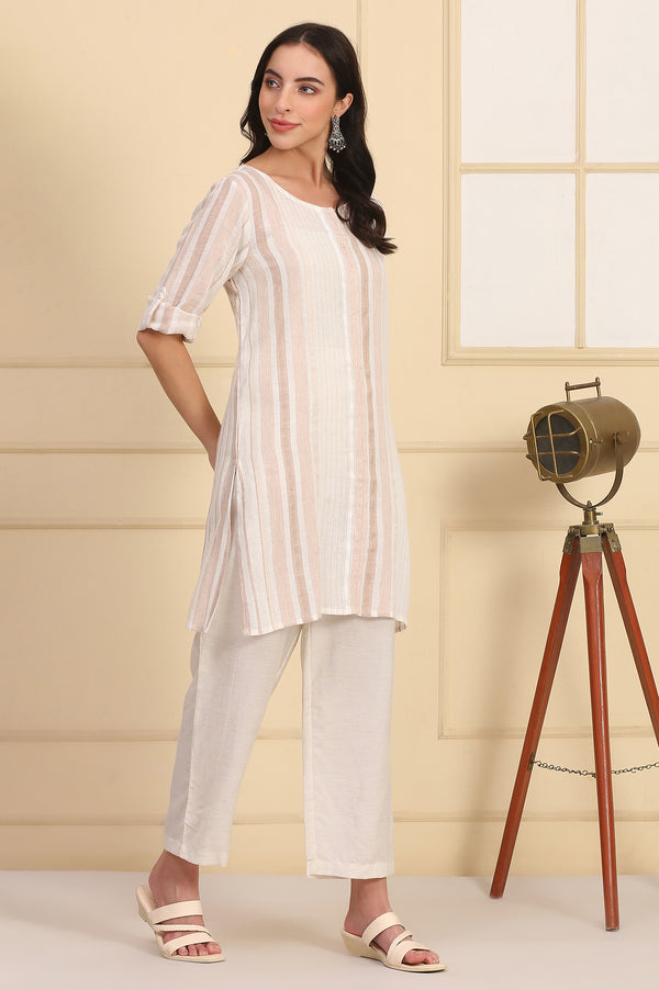 Beige Striped Yarn Dyed Straight Dobby Kurta