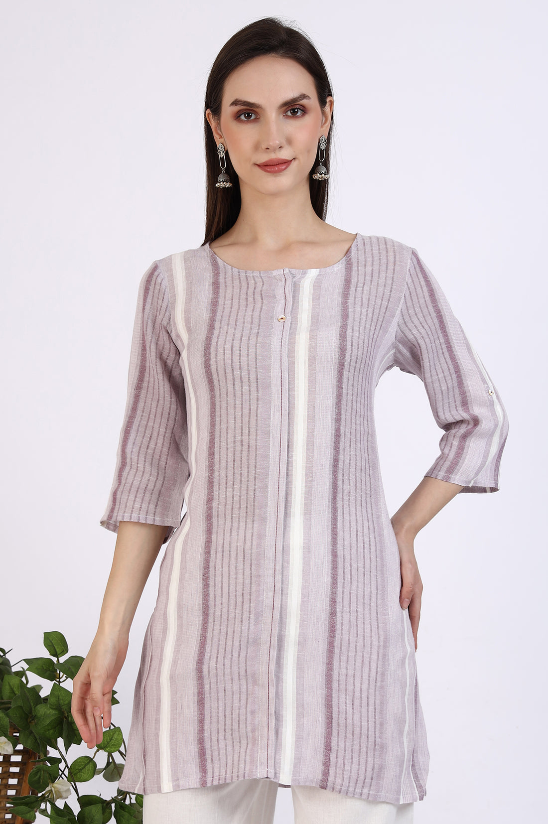 White and Purple Striped Yarn Dyed Short Kurti