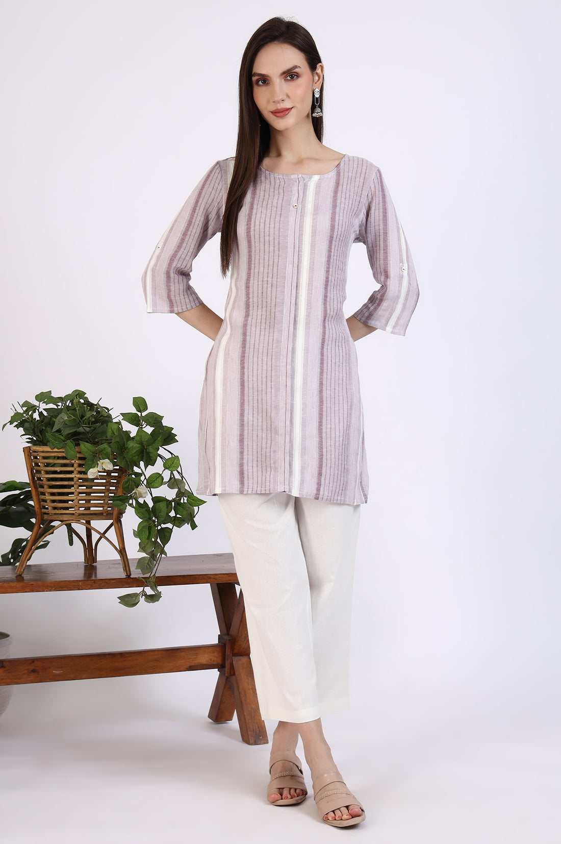 White and Purple Striped Yarn Dyed Short Kurti
