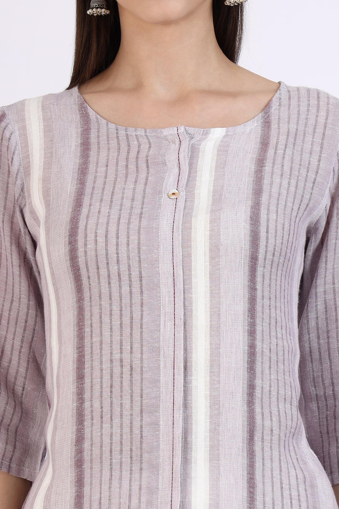 White and Purple Striped Yarn Dyed Short Kurti