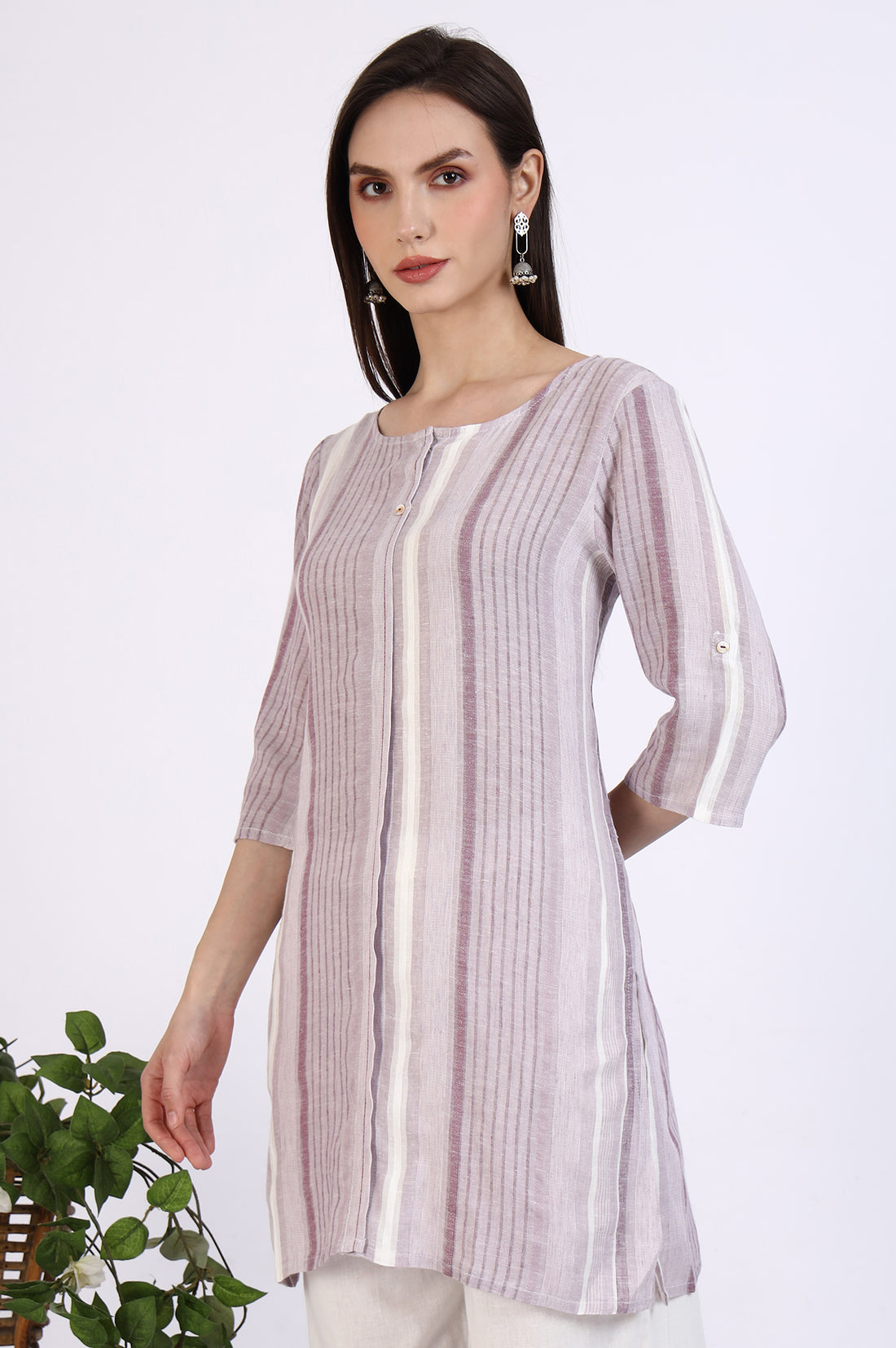 White and Purple Striped Yarn Dyed Short Kurti