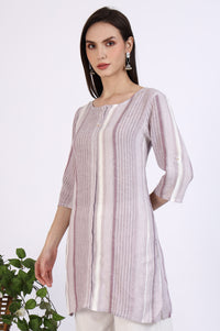 White and Purple Striped Yarn Dyed Short Kurti