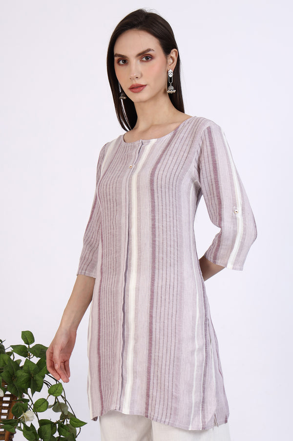 White and Purple Striped Yarn Dyed Short Kurti
