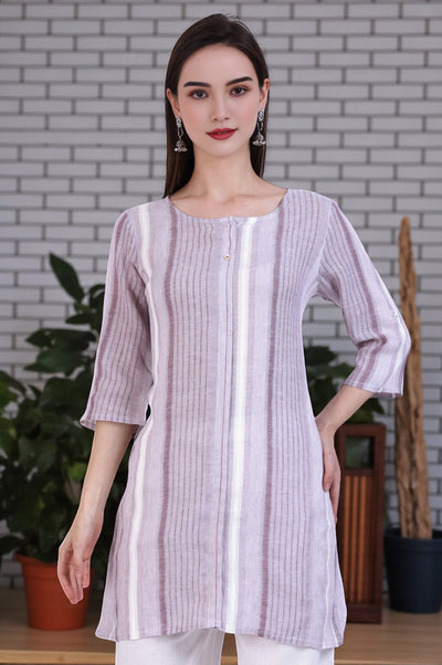 White and Purple Striped Yarn Dyed Short Kurti