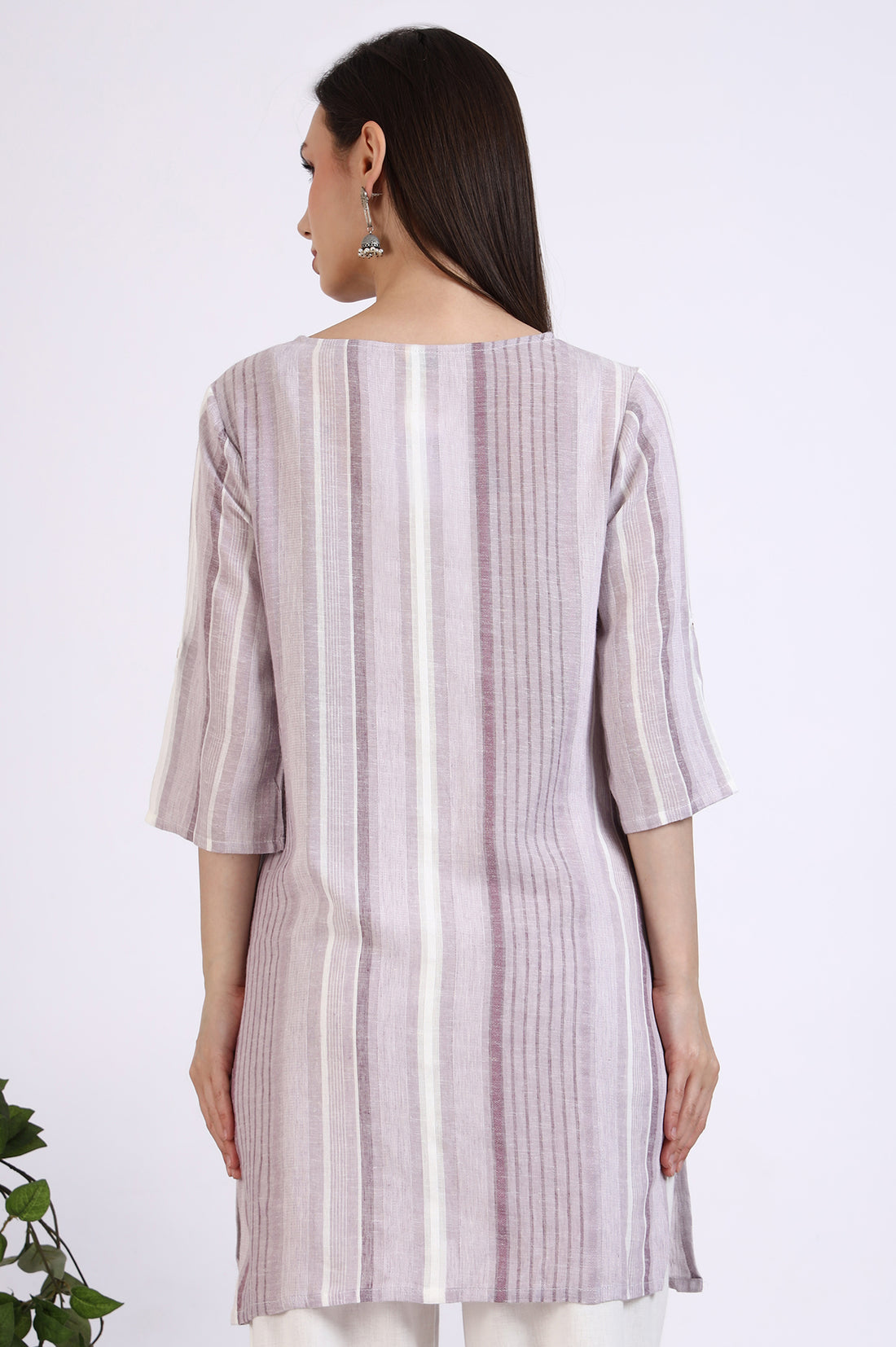 White and Purple Striped Yarn Dyed Short Kurti