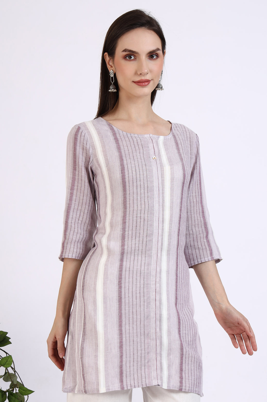 White and Purple Striped Yarn Dyed Short Kurti