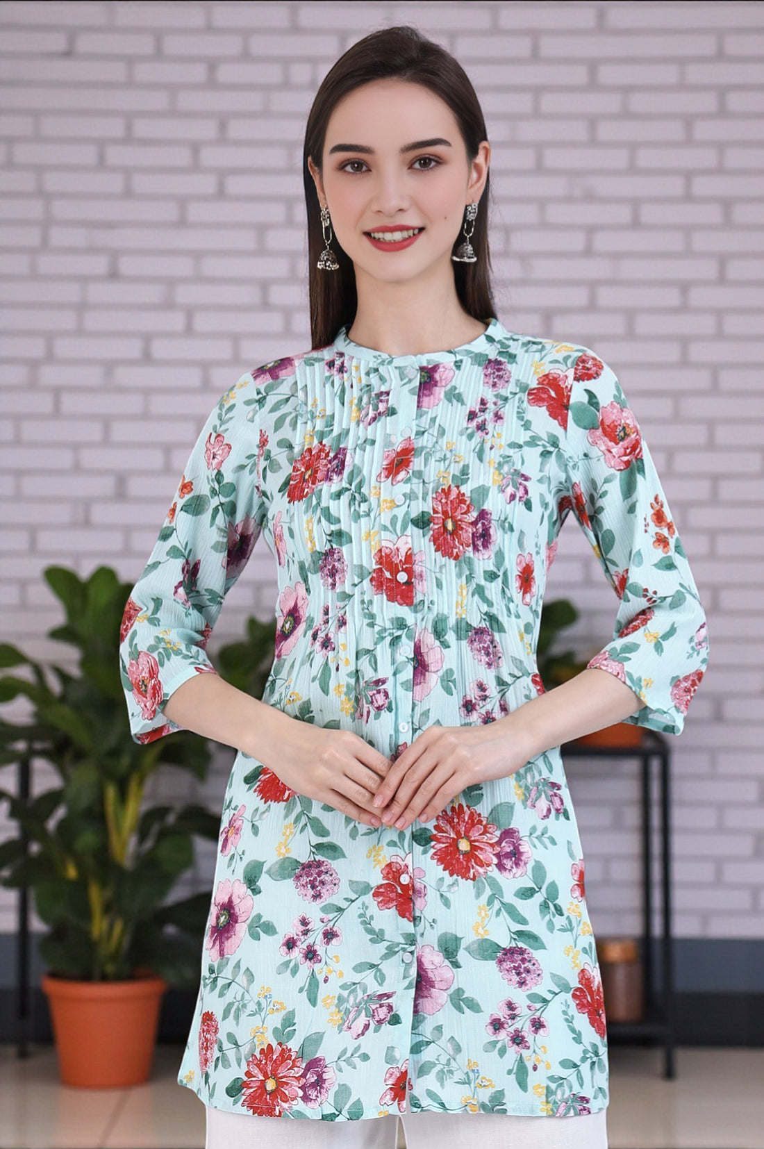 Green Floral Printed Pure Cotton Short Kurti