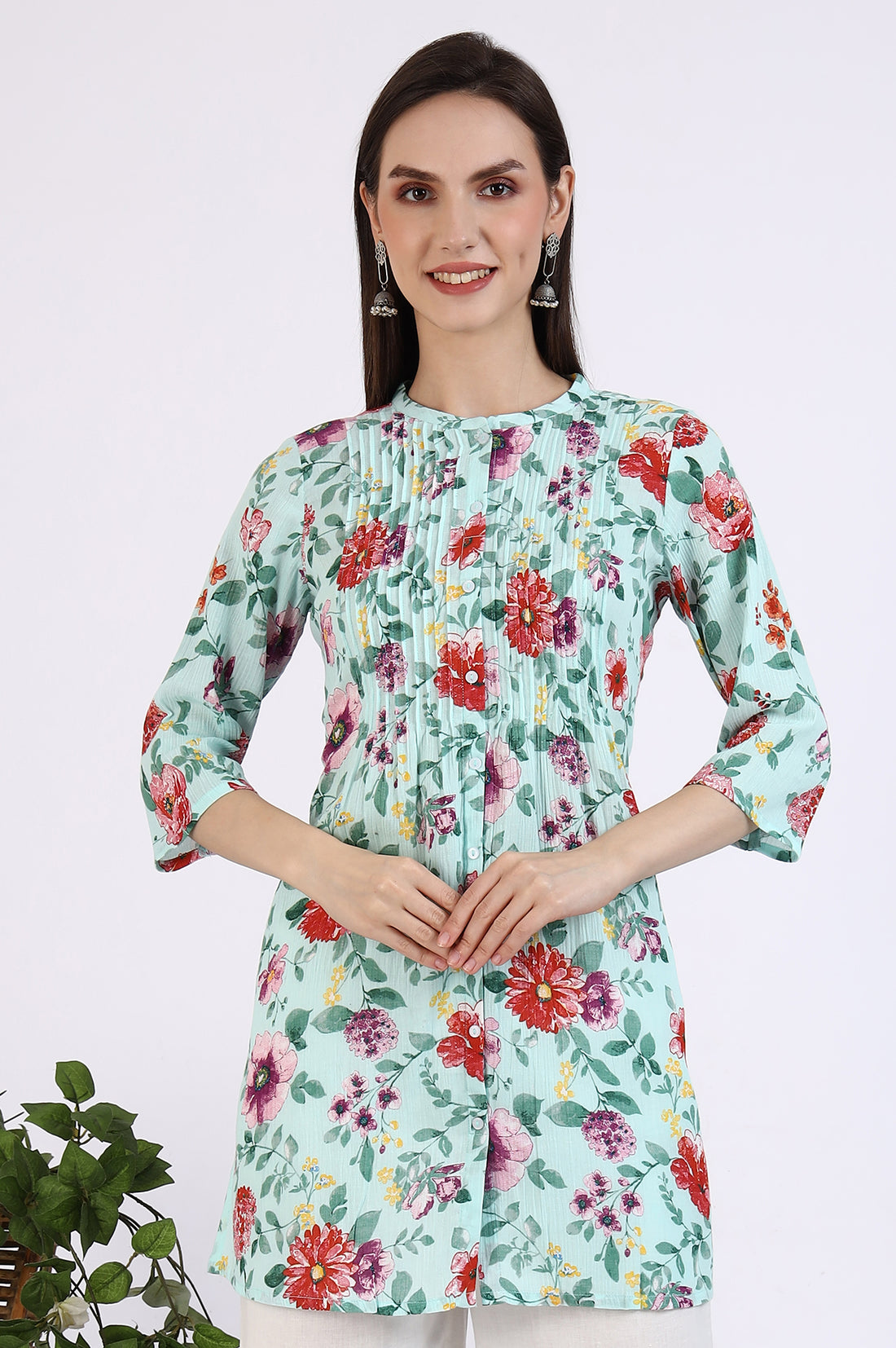 Green Floral Printed Pure Cotton Short Kurti