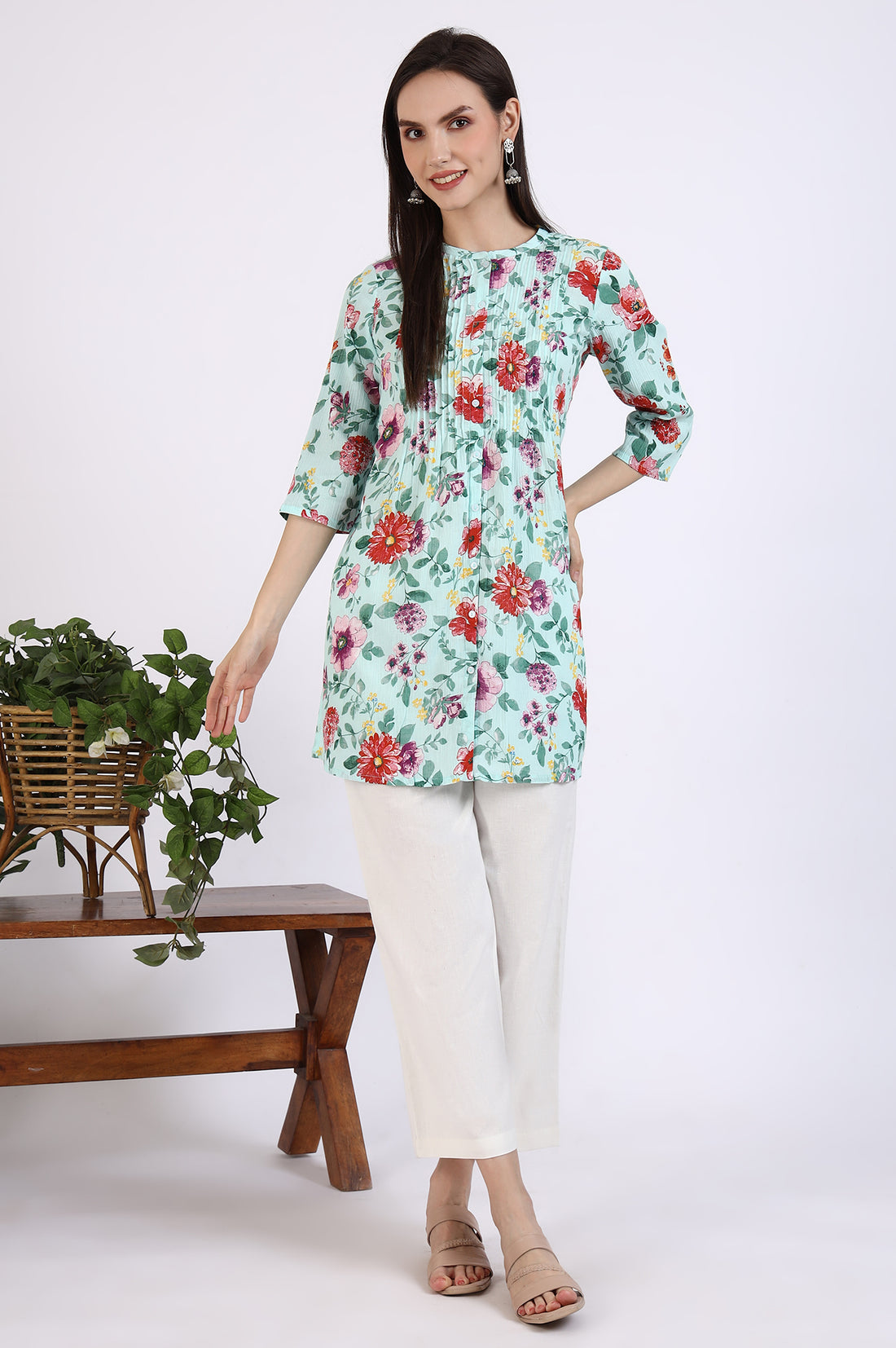 Green Floral Printed Pure Cotton Short Kurti