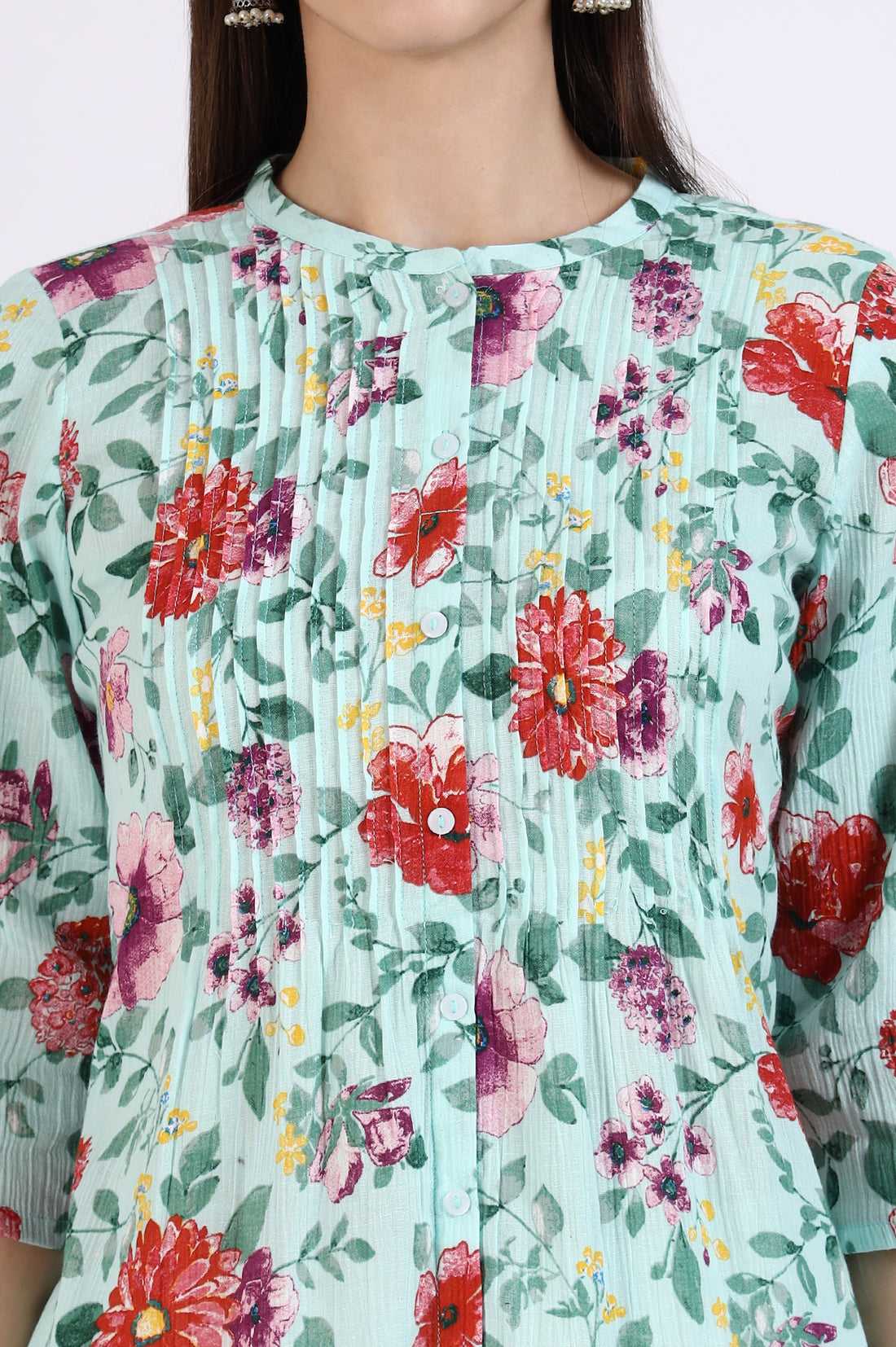 Green Floral Printed Pure Cotton Short Kurti