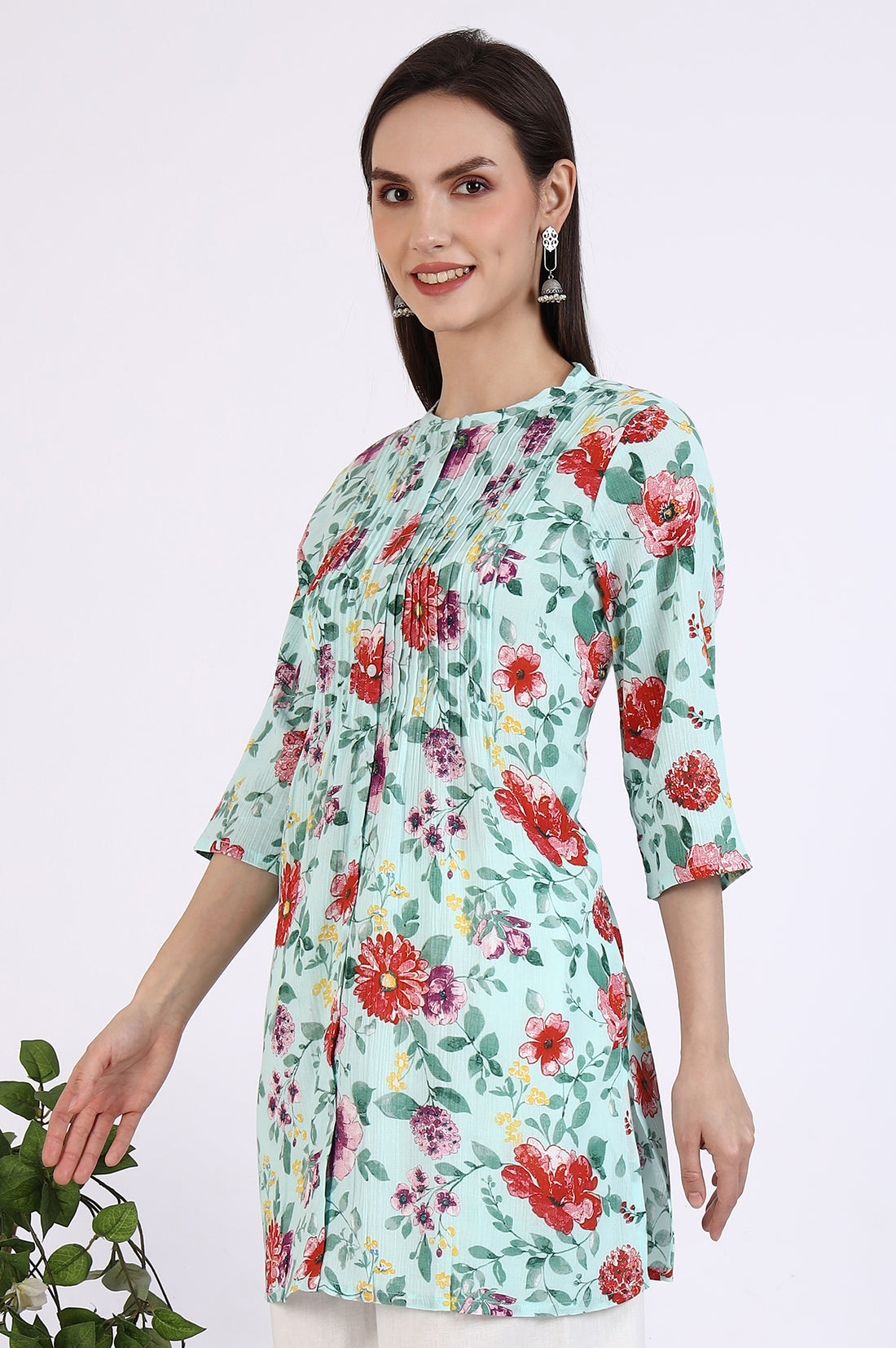 Green Floral Printed Pure Cotton Short Kurti