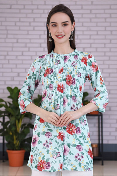 Green Floral Printed Pure Cotton Short Kurti