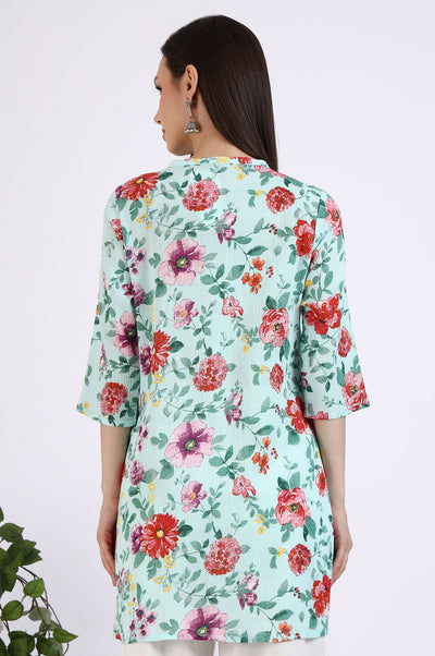 Green Floral Printed Pure Cotton Short Kurti