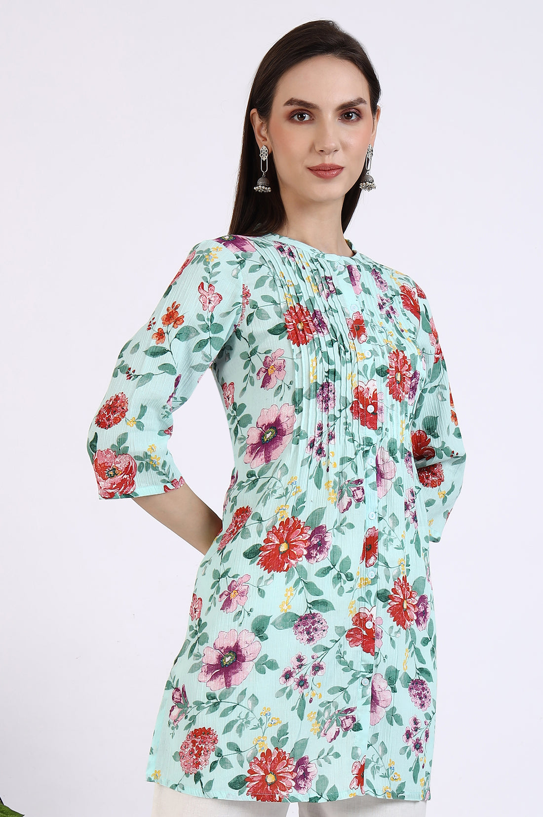 Green Floral Printed Pure Cotton Short Kurti