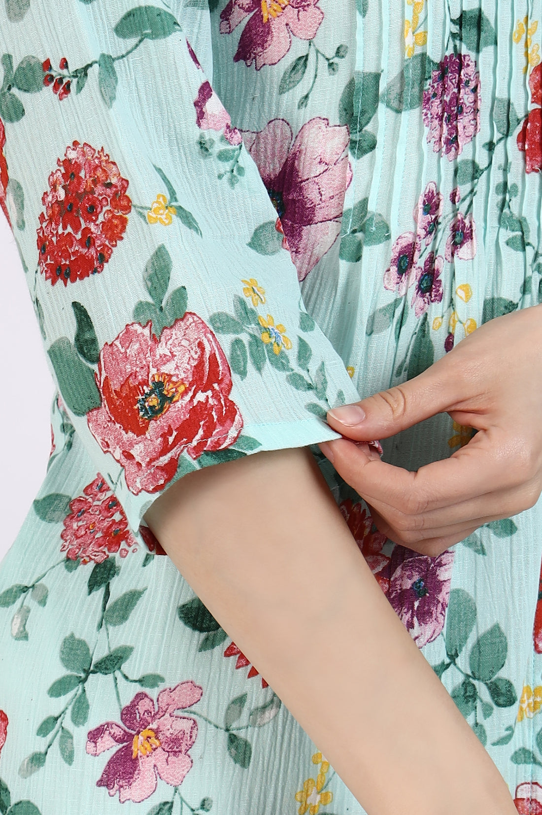 Green Floral Printed Pure Cotton Short Kurti