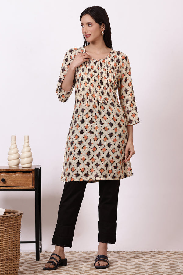 Beige Bold Geometric Printed Modal Straight Kurti