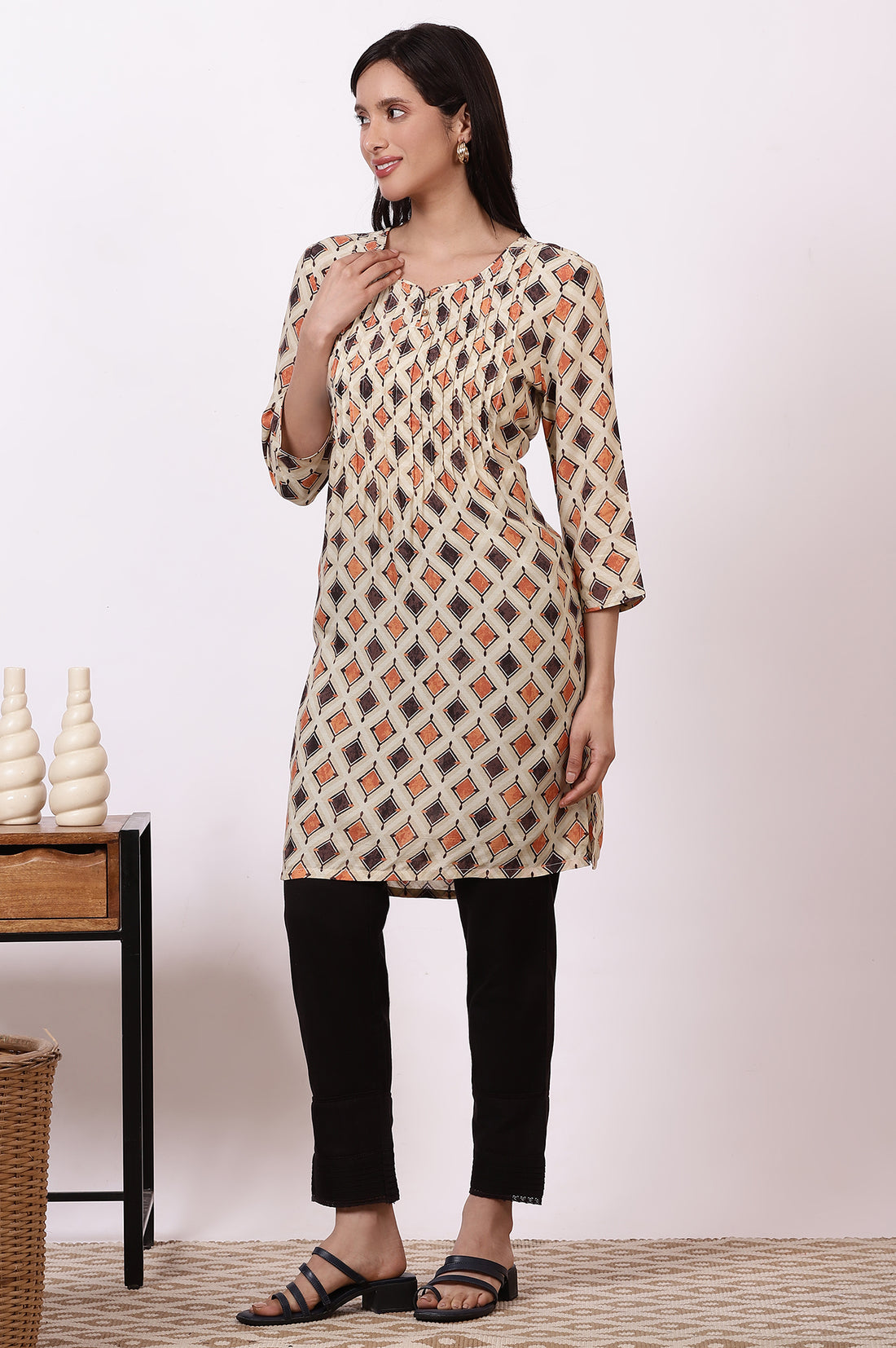 Beige Bold Geometric Printed Modal Straight Kurti