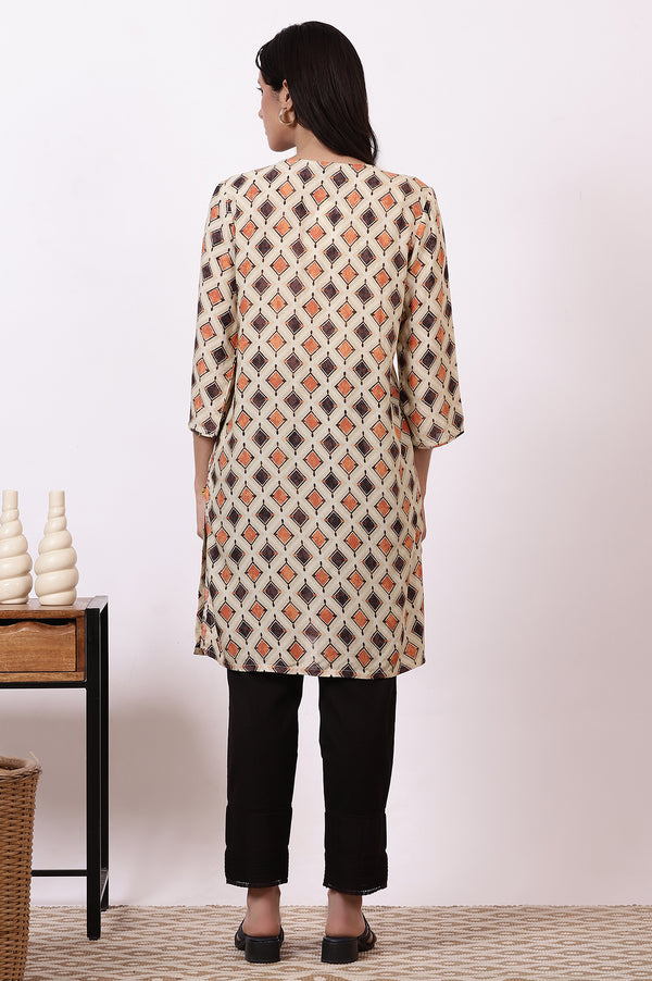 Beige Bold Geometric Printed Modal Straight Kurti