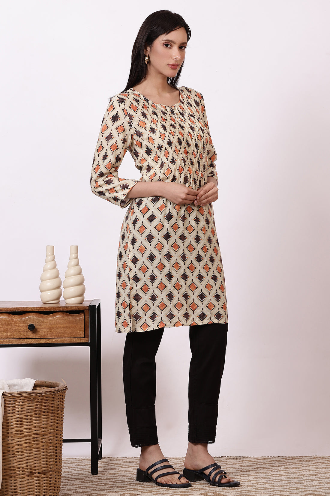 Beige Bold Geometric Printed Modal Straight Kurti