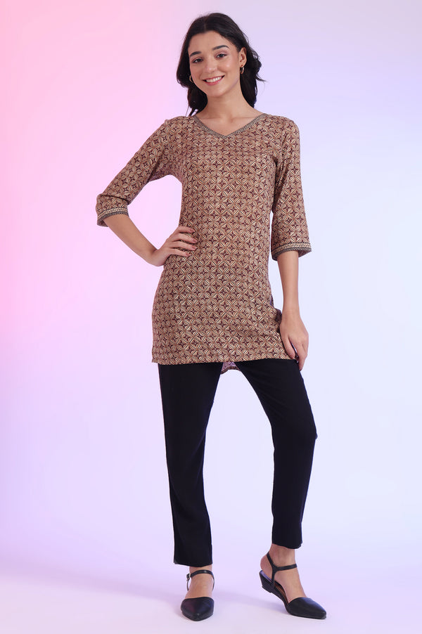 Brown Printed Straight Modal Kurti