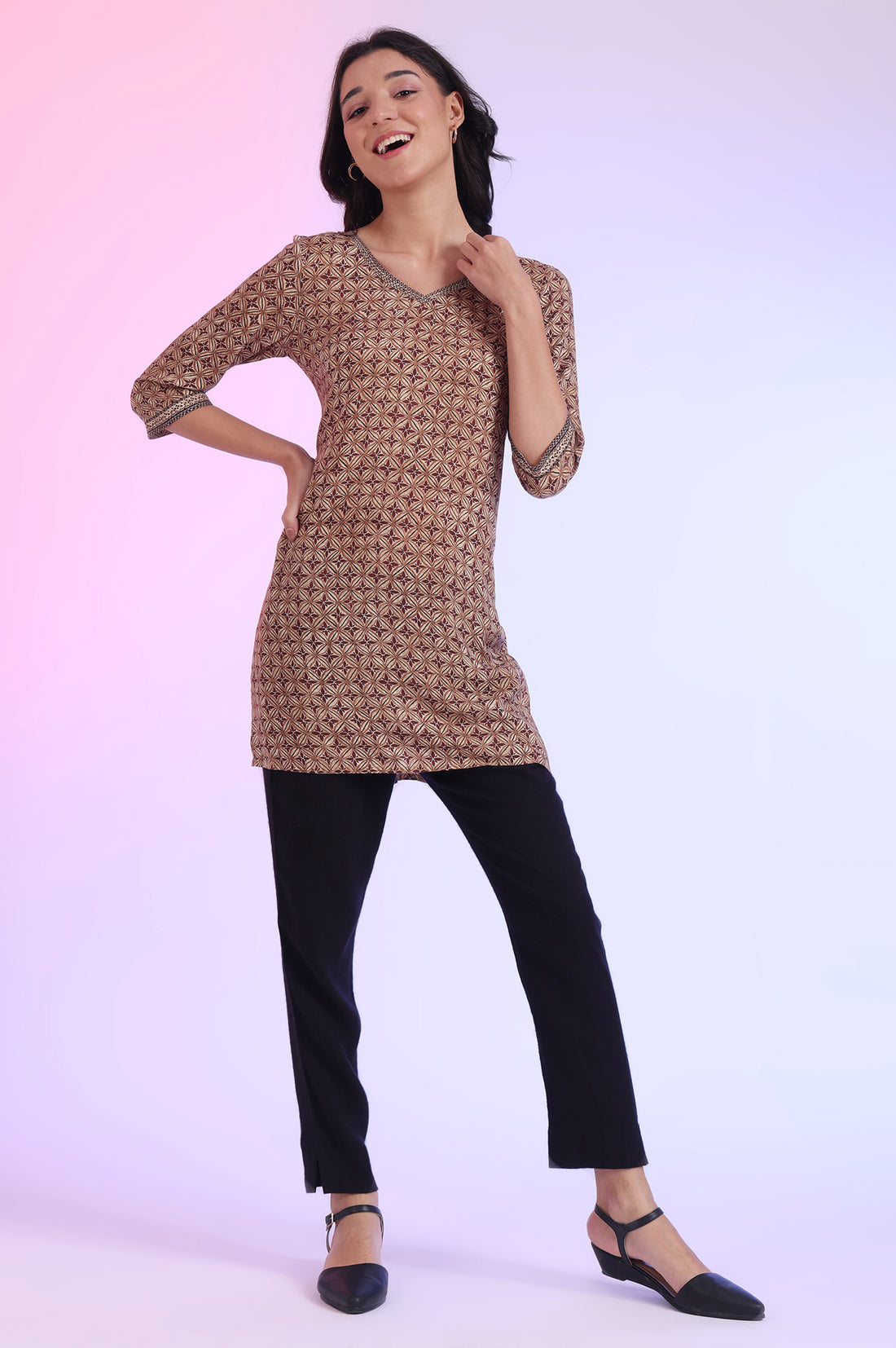 Brown Printed Straight Modal Kurti