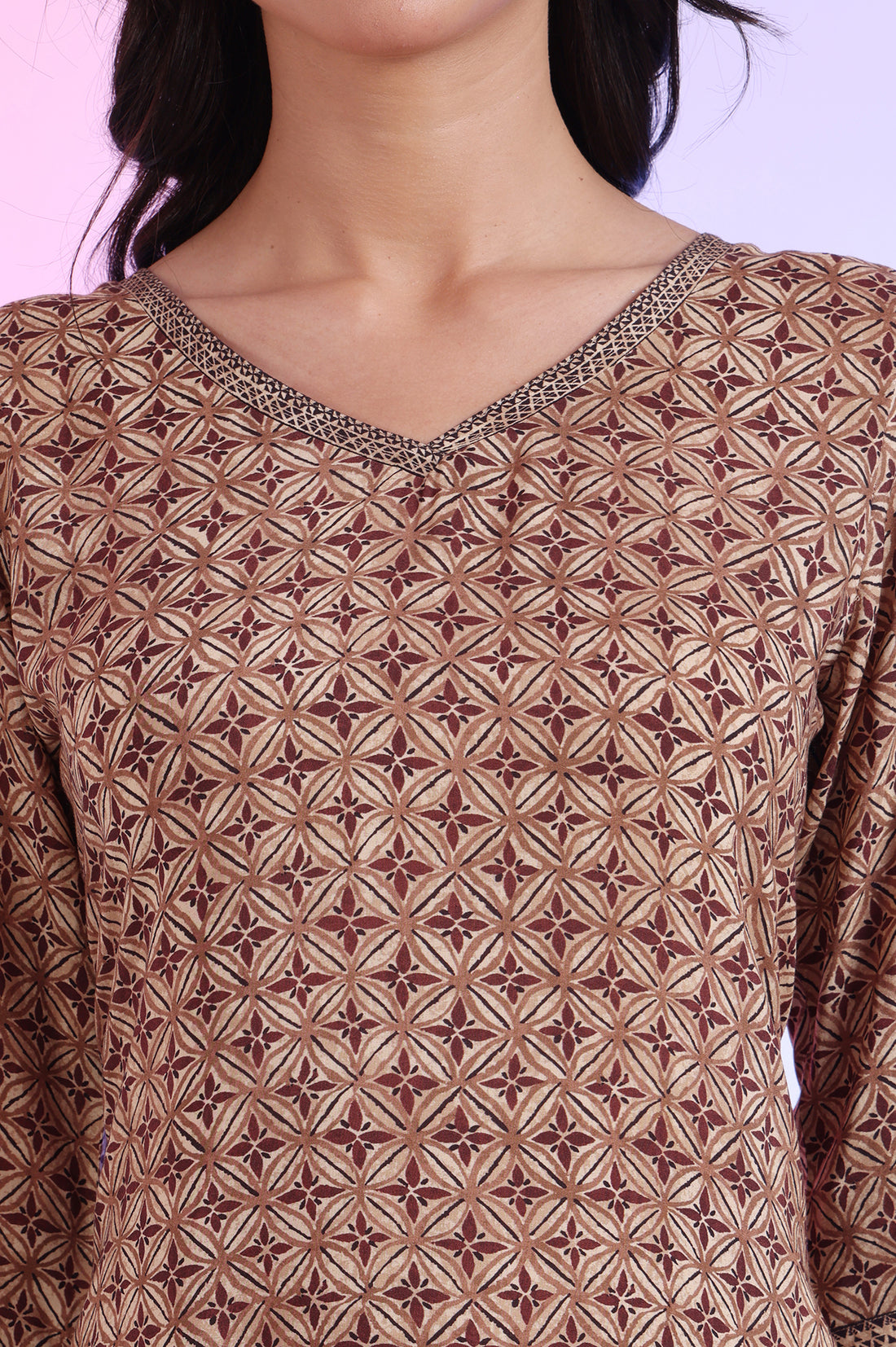 Brown Printed Straight Modal Kurti