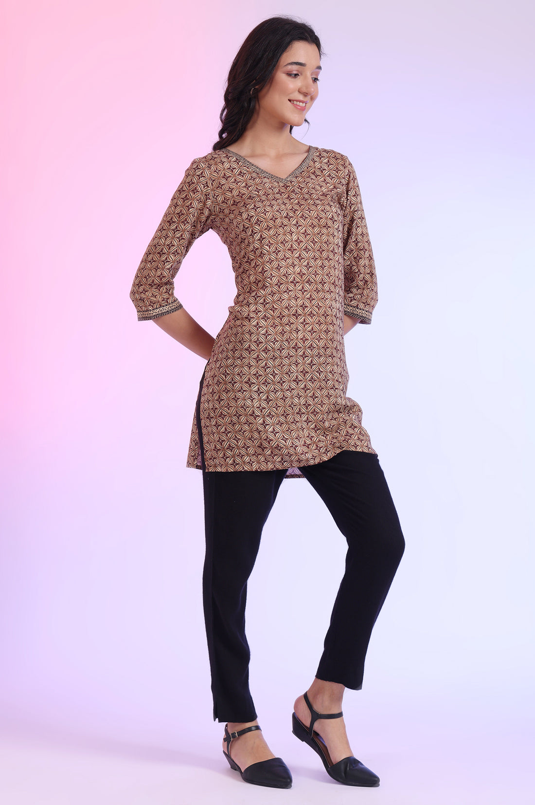Brown Printed Straight Modal Kurti