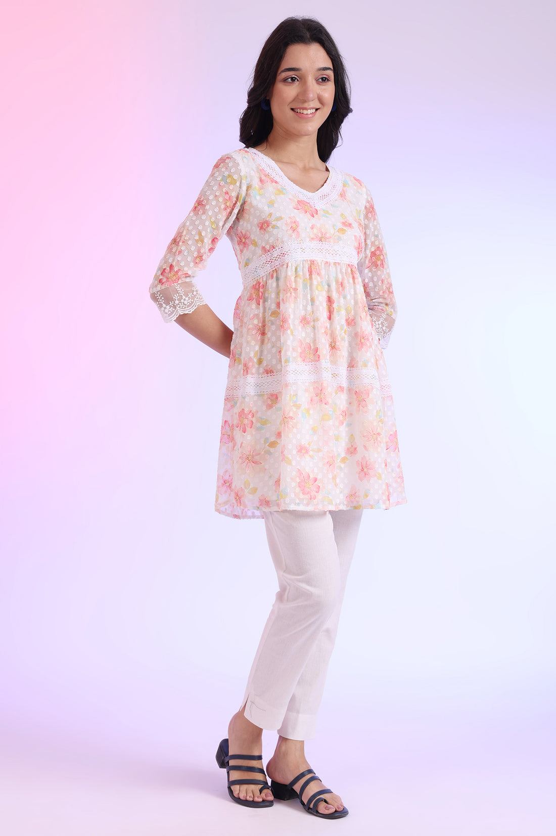 White Printed Straight Kurti