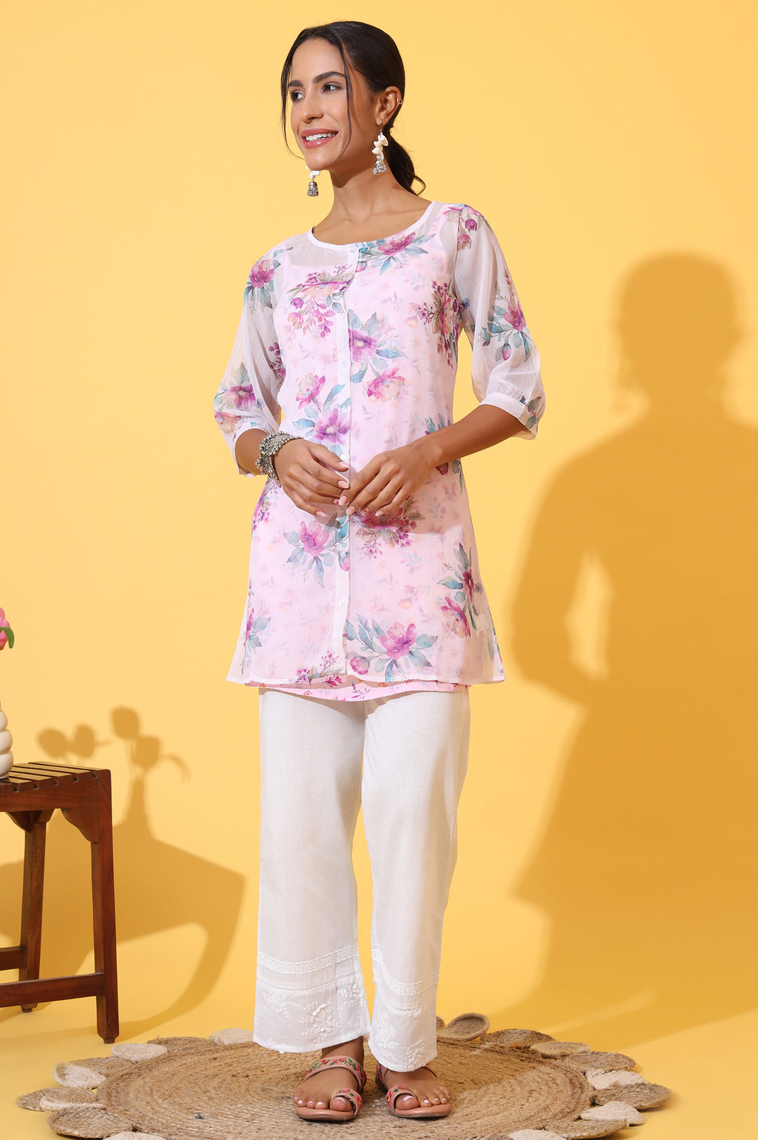 Purple Floral Printed Chiffon Kurti with Spaghetti Top