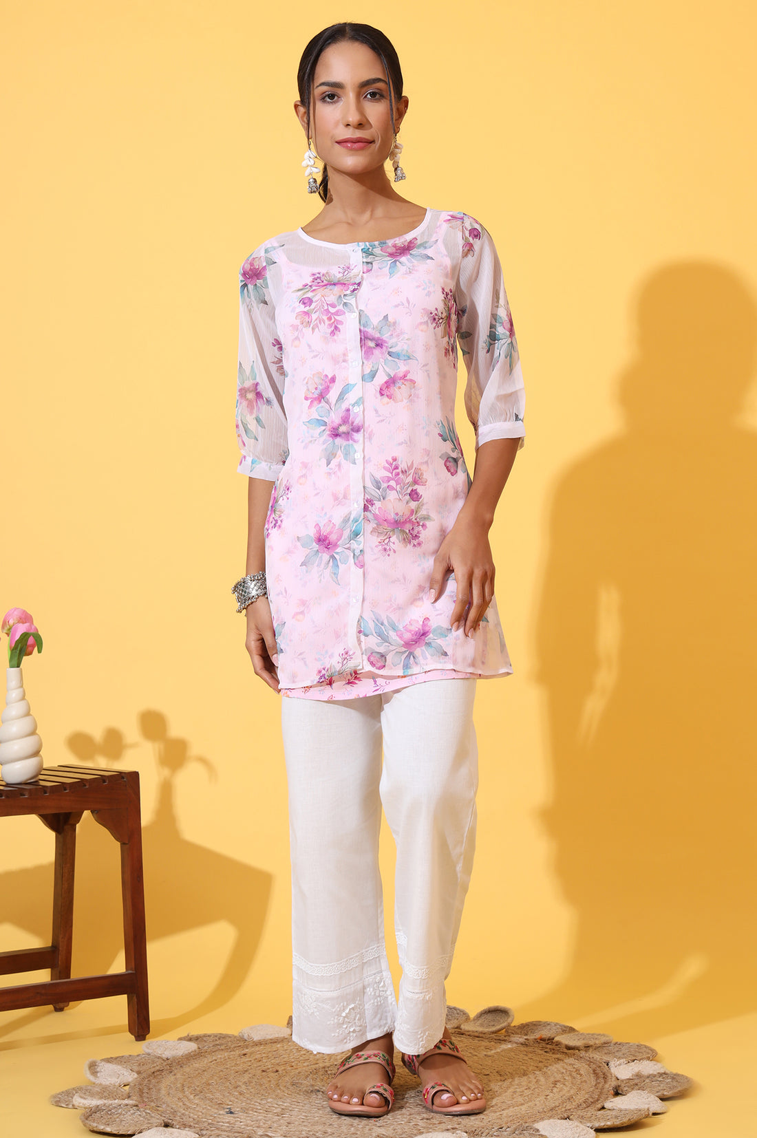 Purple Floral Printed Chiffon Kurti with Spaghetti Top